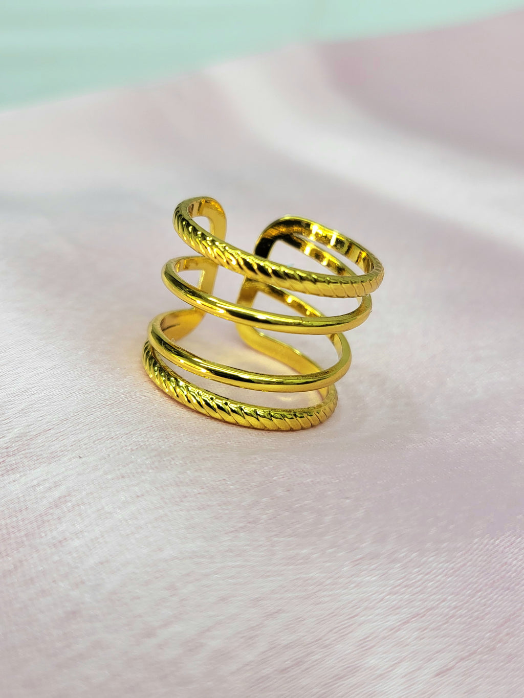 Lyvoria Gold Four Row Mixed Rope and Smooth Wire Cage Ring