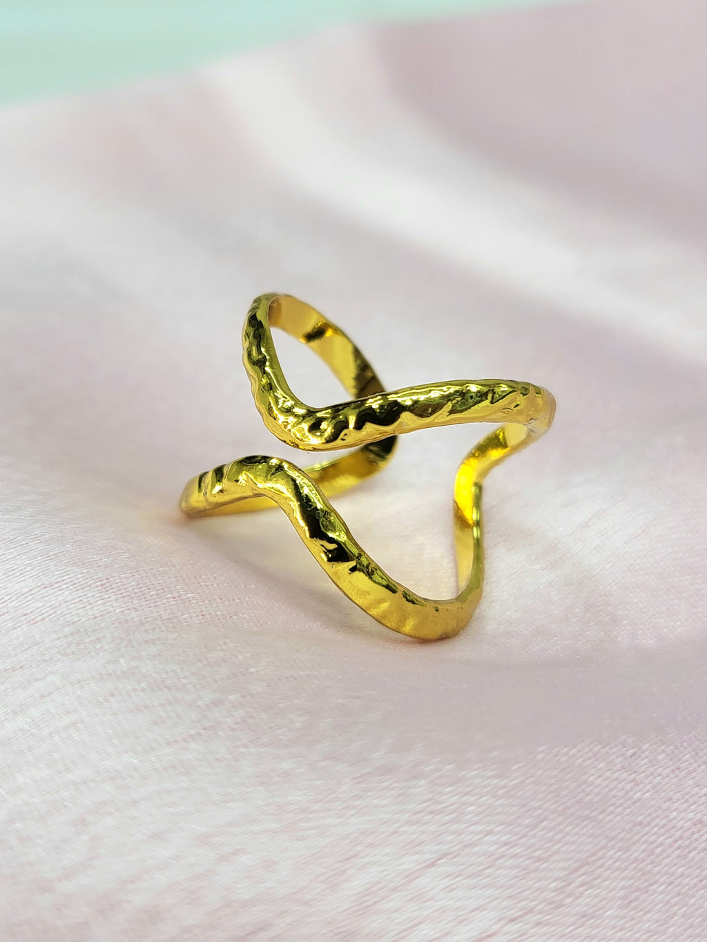 Elyra Hammered Abstract Wavy X-Shape Gold Statement Ring