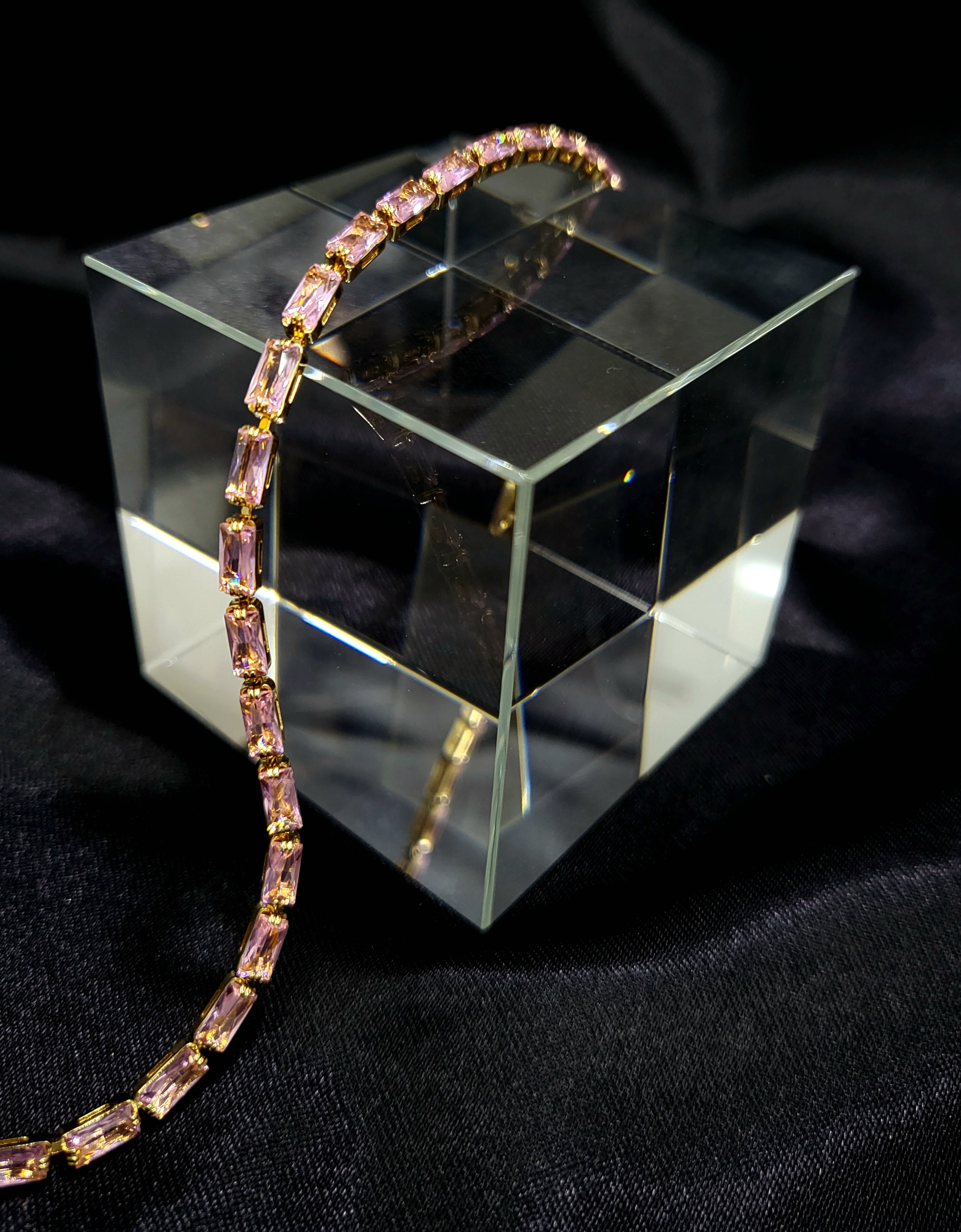 Horizon™ Anti-Tarnish Blush Pink Baguette Tennis Bracelet – Waterproof 18K Gold Plated East-West Pink Gemstone Jewelry