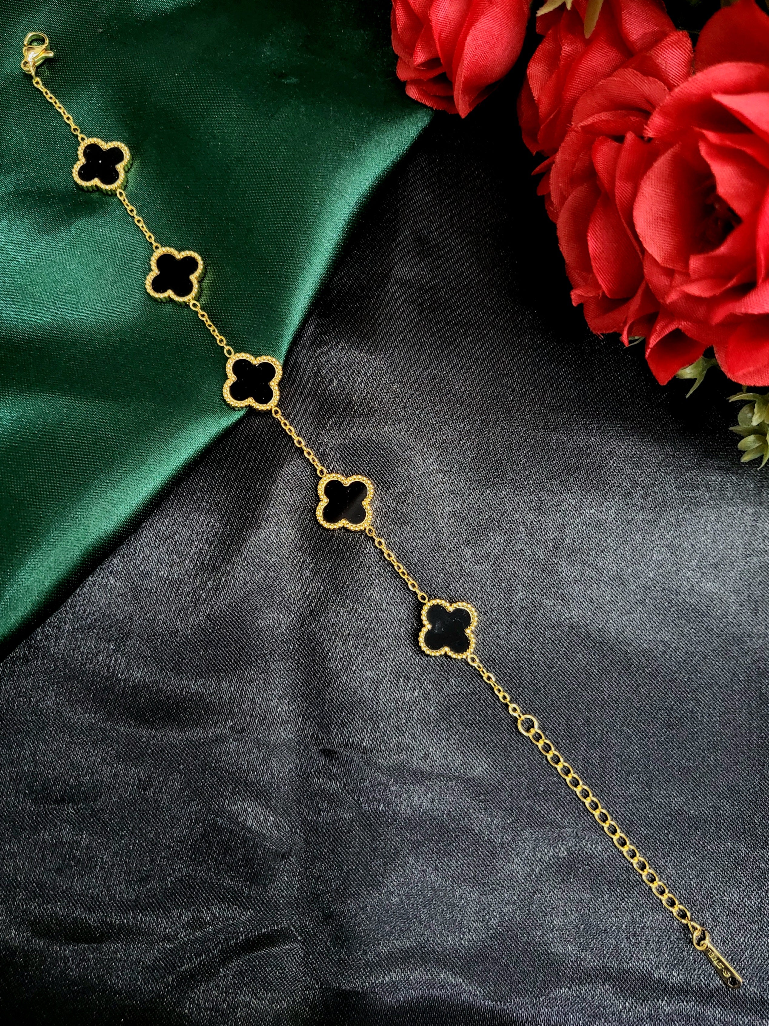 Varyn™ Anti-Tarnish Black Clover Charm Bracelet – Waterproof 18K Gold Plated 5-Motif Luxury Jewelry