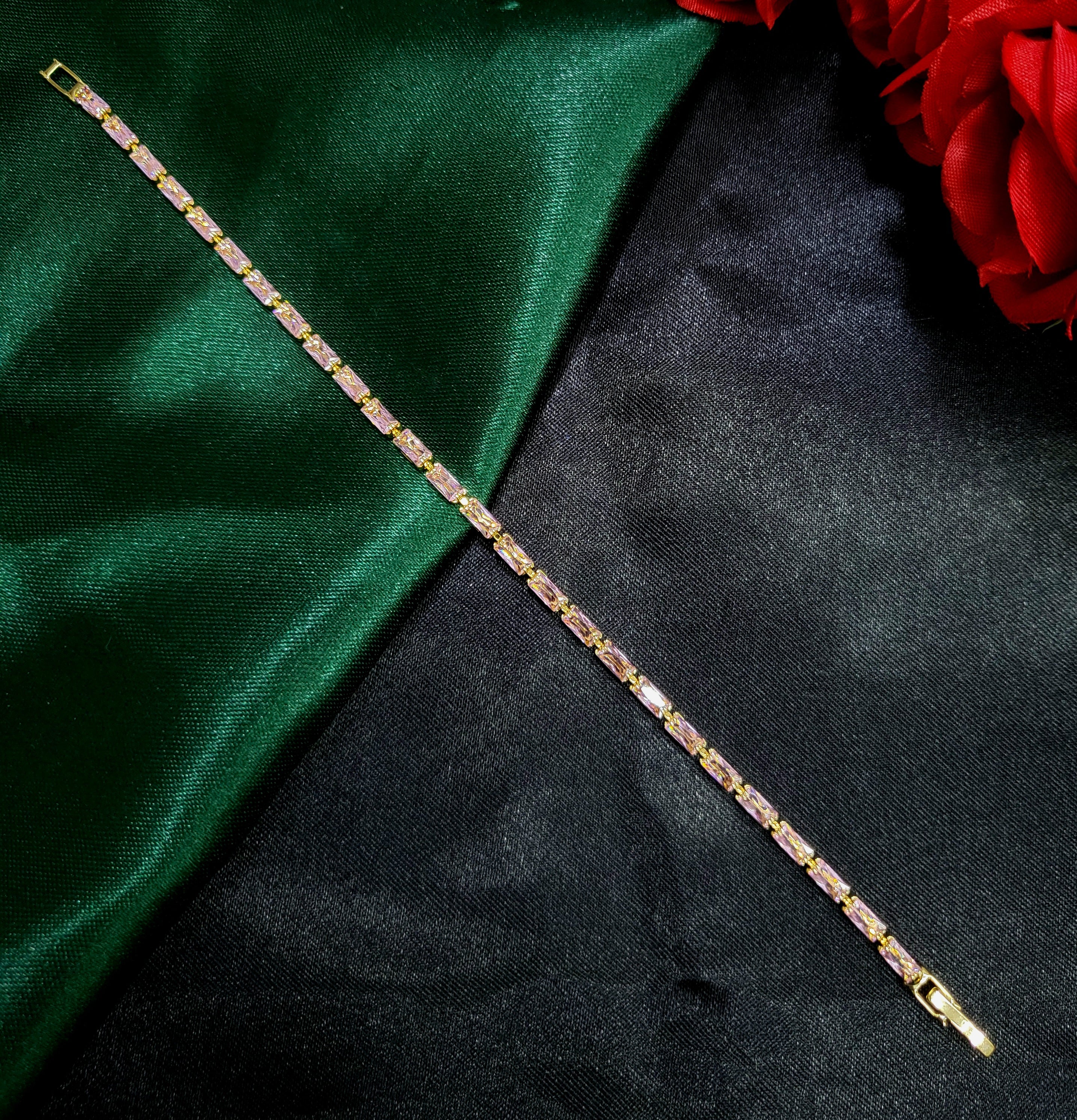 Horizon™ Anti-Tarnish Blush Pink Baguette Tennis Bracelet – Waterproof 18K Gold Plated East-West Pink Gemstone Jewelry