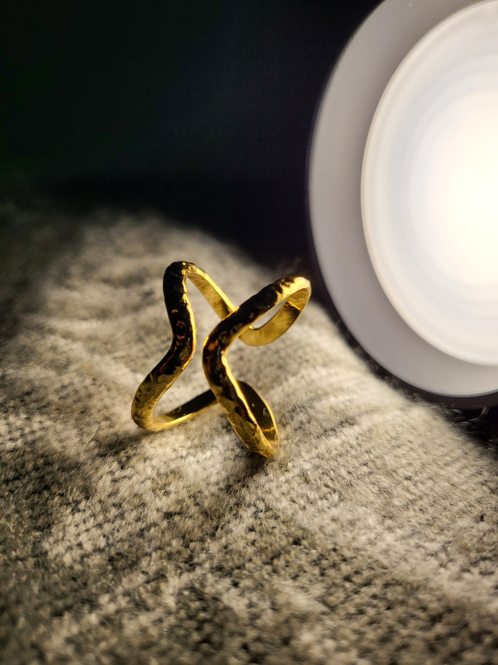 Elyra Hammered Abstract Wavy X-Shape Gold Statement Ring