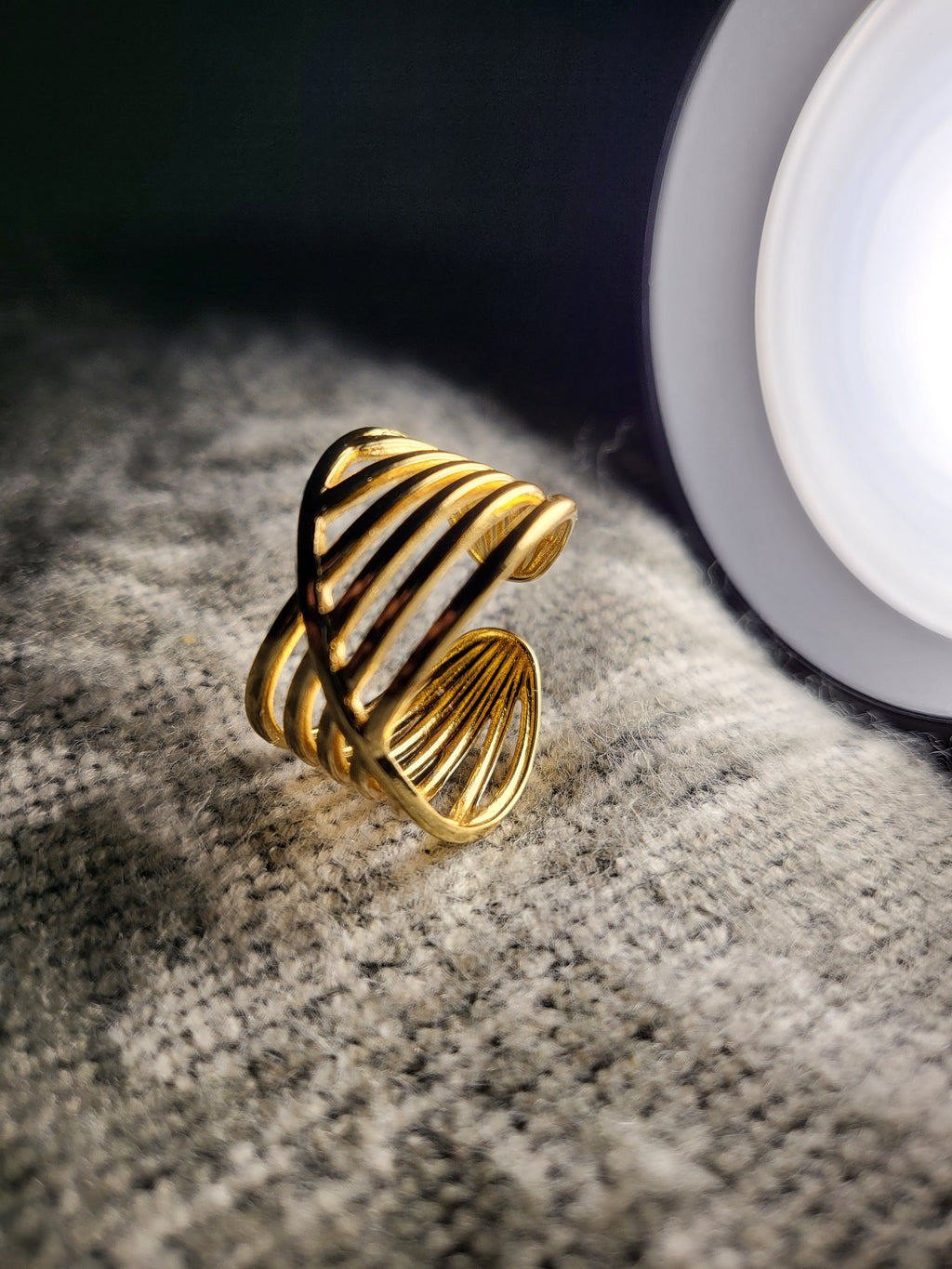 Solara Multi-Row Criss-Cross Wire Gold Statement Ring