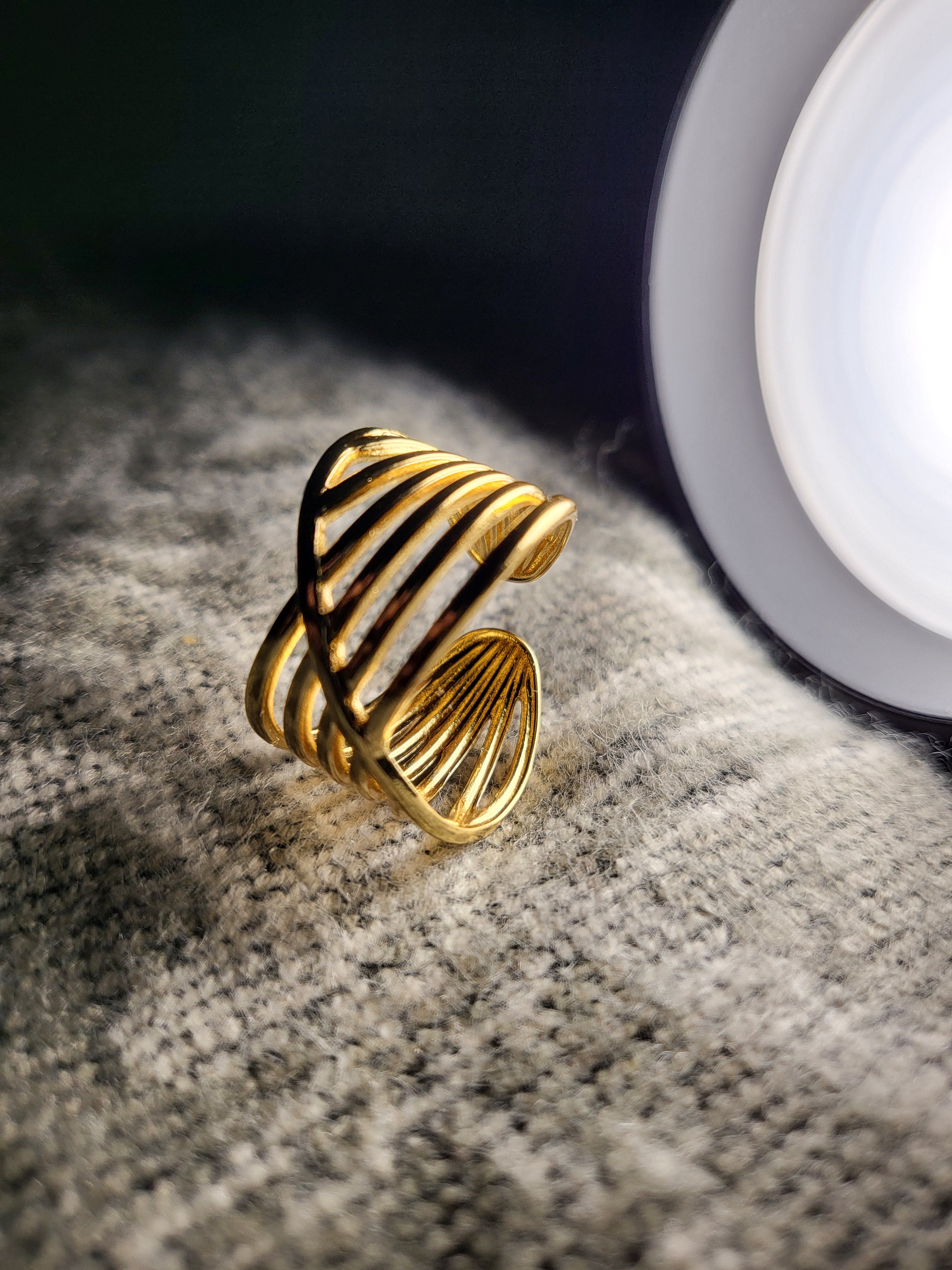 Solara Multi-Row Criss-Cross Wire Gold Statement Ring