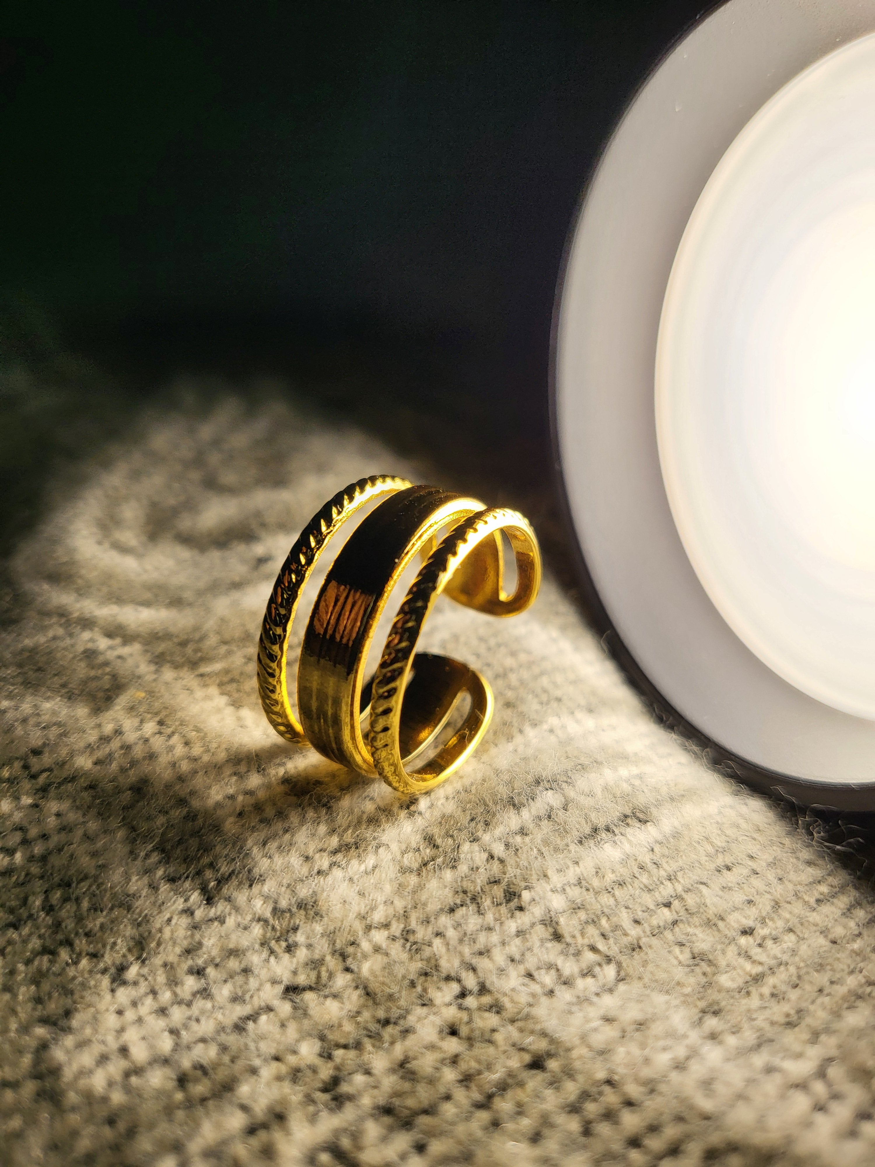 Xyra Twisted Beaded Border and Smooth Center Split Gold Ring