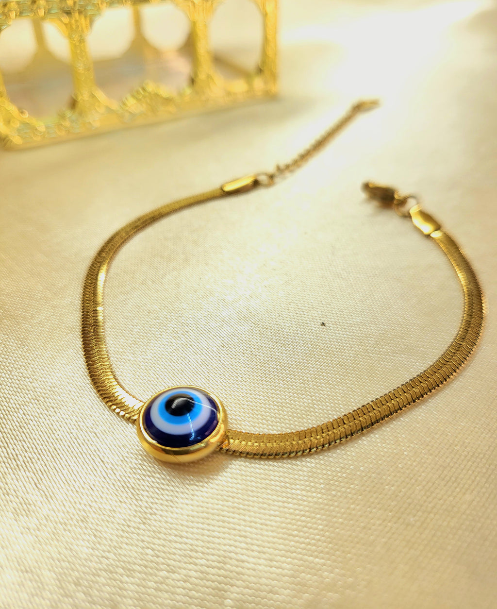 Orbit™ Anti-Tarnish Gold Evil Eye Herringbone Bracelet – Waterproof 18K Gold Plated Protection Jewelry