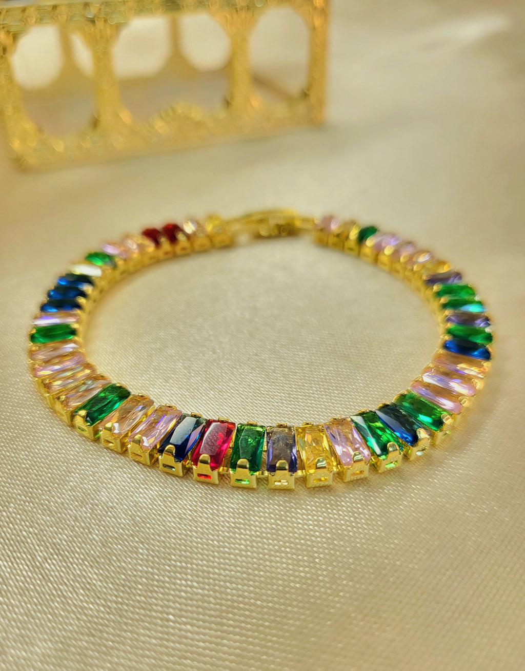 Eclipse™ Anti-Tarnish Rainbow Baguette Tennis Bracelet – Waterproof 18K Gold Plated Multi-Color Gemstone Jewelry