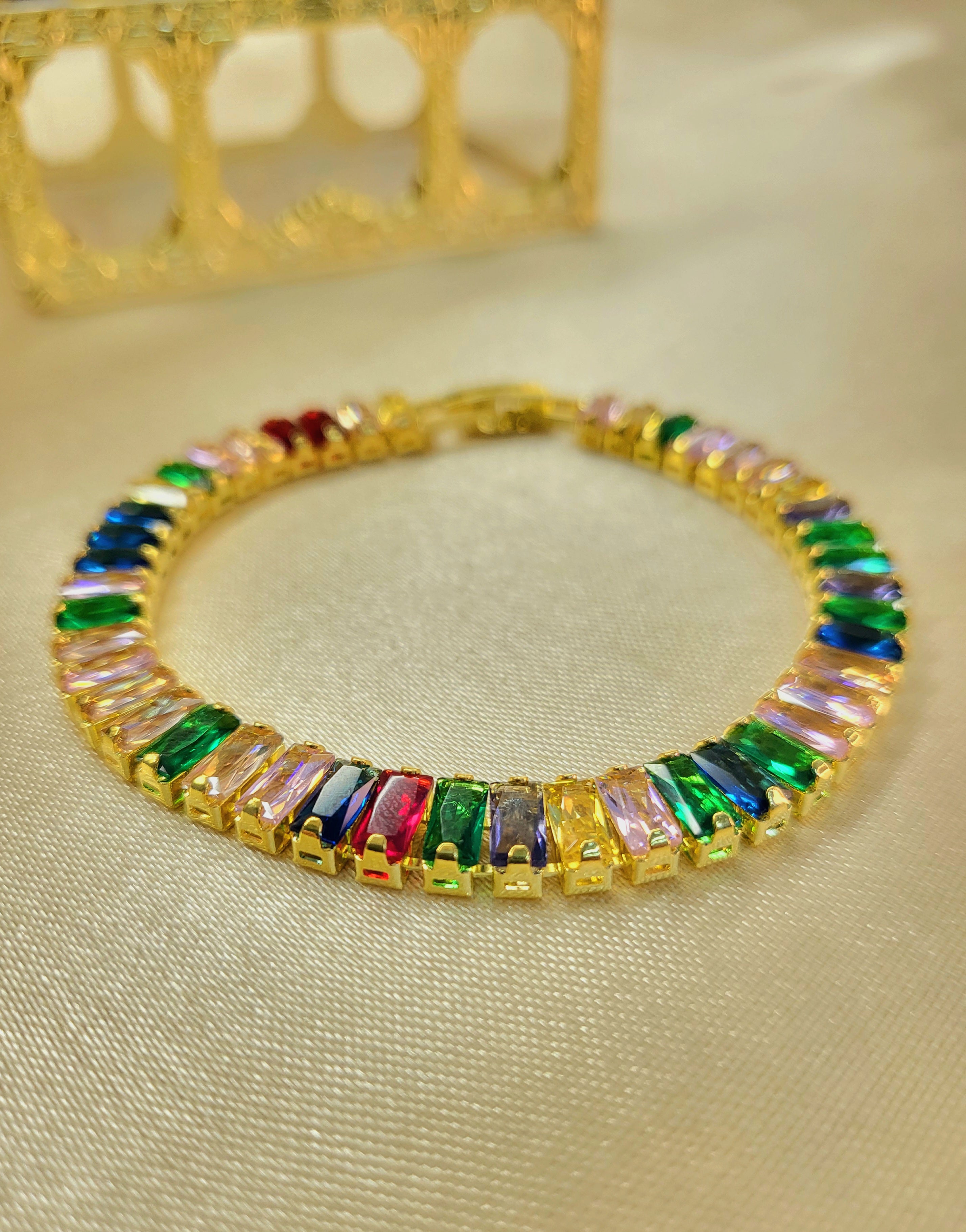 Eclipse™ Anti-Tarnish Rainbow Baguette Tennis Bracelet – Waterproof 18K Gold Plated Multi-Color Gemstone Jewelry