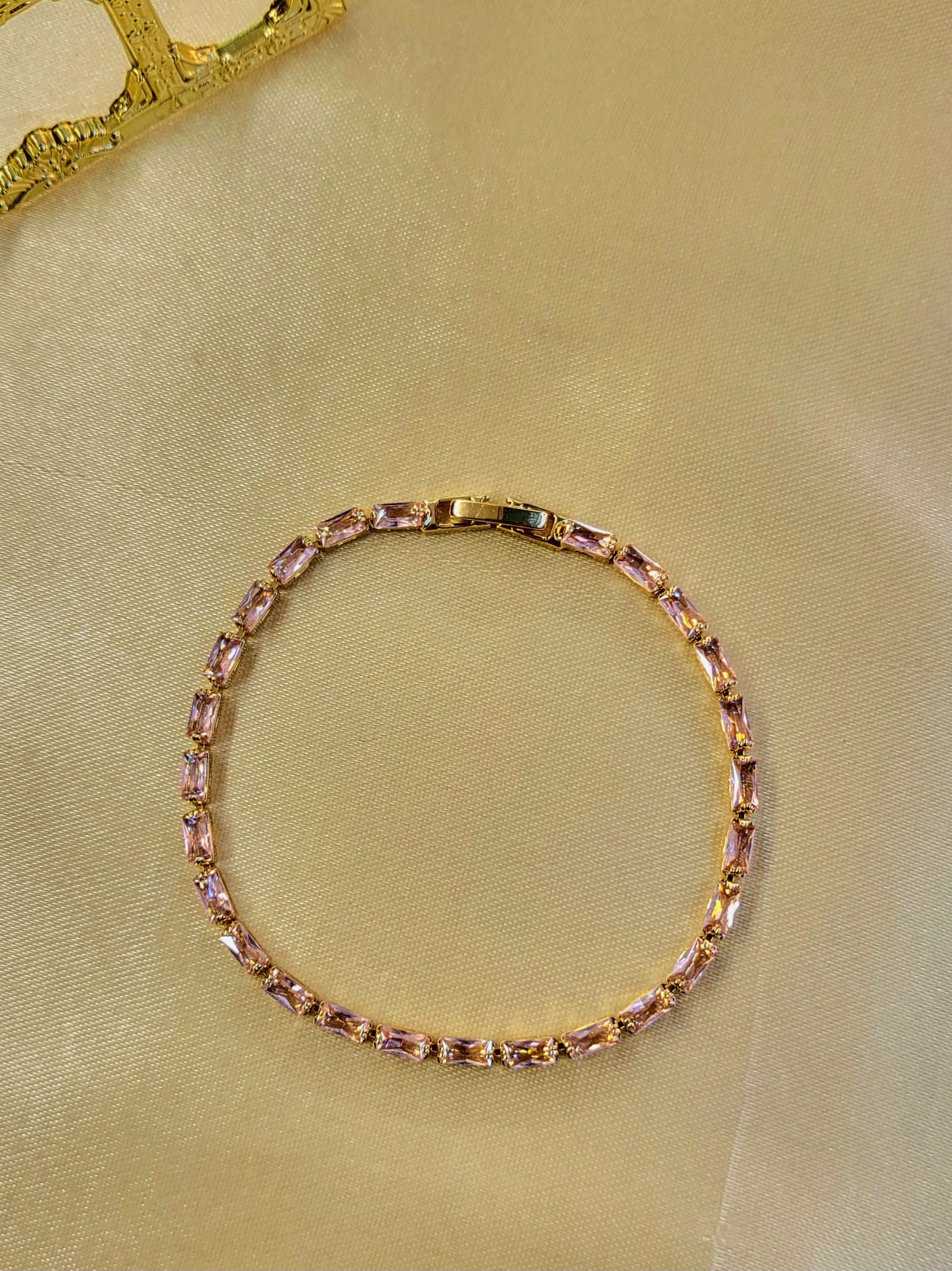 Horizon™ Anti-Tarnish Blush Pink Baguette Tennis Bracelet – Waterproof 18K Gold Plated East-West Pink Gemstone Jewelry