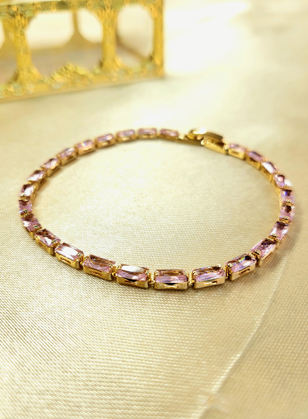Horizon™ Anti-Tarnish Blush Pink Baguette Tennis Bracelet – Waterproof 18K Gold Plated East-West Pink Gemstone Jewelry