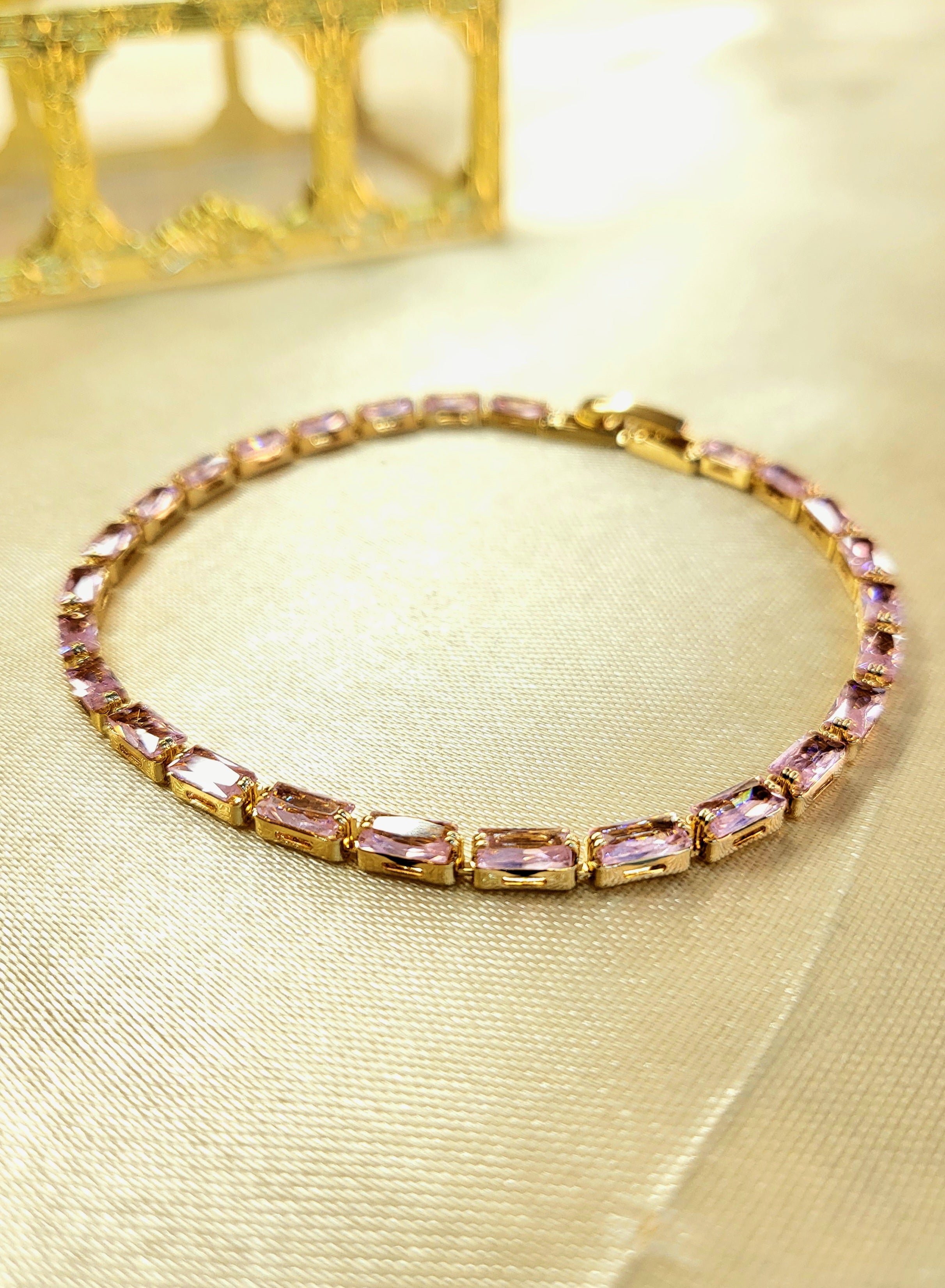 Horizon™ Anti-Tarnish Blush Pink Baguette Tennis Bracelet – Waterproof 18K Gold Plated East-West Pink Gemstone Jewelry