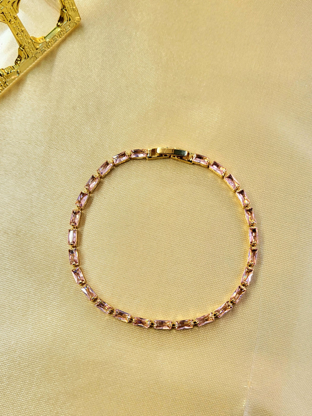 Horizon™ Anti-Tarnish Blush Pink Baguette Tennis Bracelet – Waterproof 18K Gold Plated East-West Pink Gemstone Jewelry
