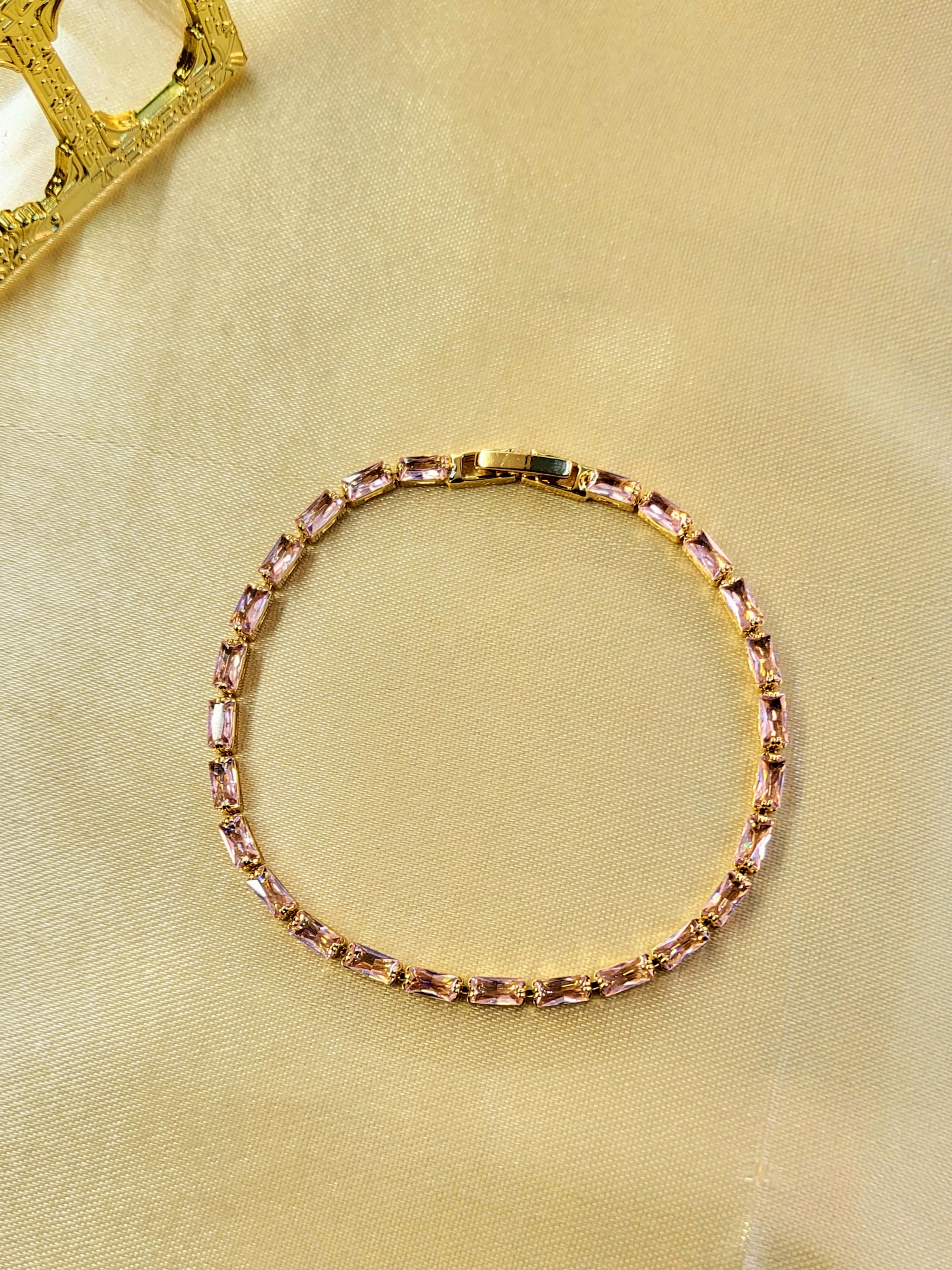 Horizon™ Anti-Tarnish Blush Pink Baguette Tennis Bracelet – Waterproof 18K Gold Plated East-West Pink Gemstone Jewelry