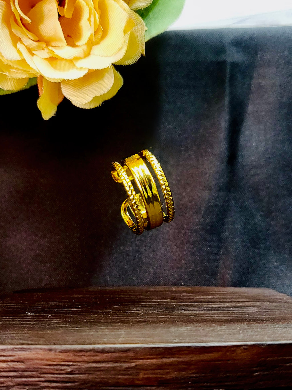 Xyra Twisted Beaded Border and Smooth Center Split Gold Ring