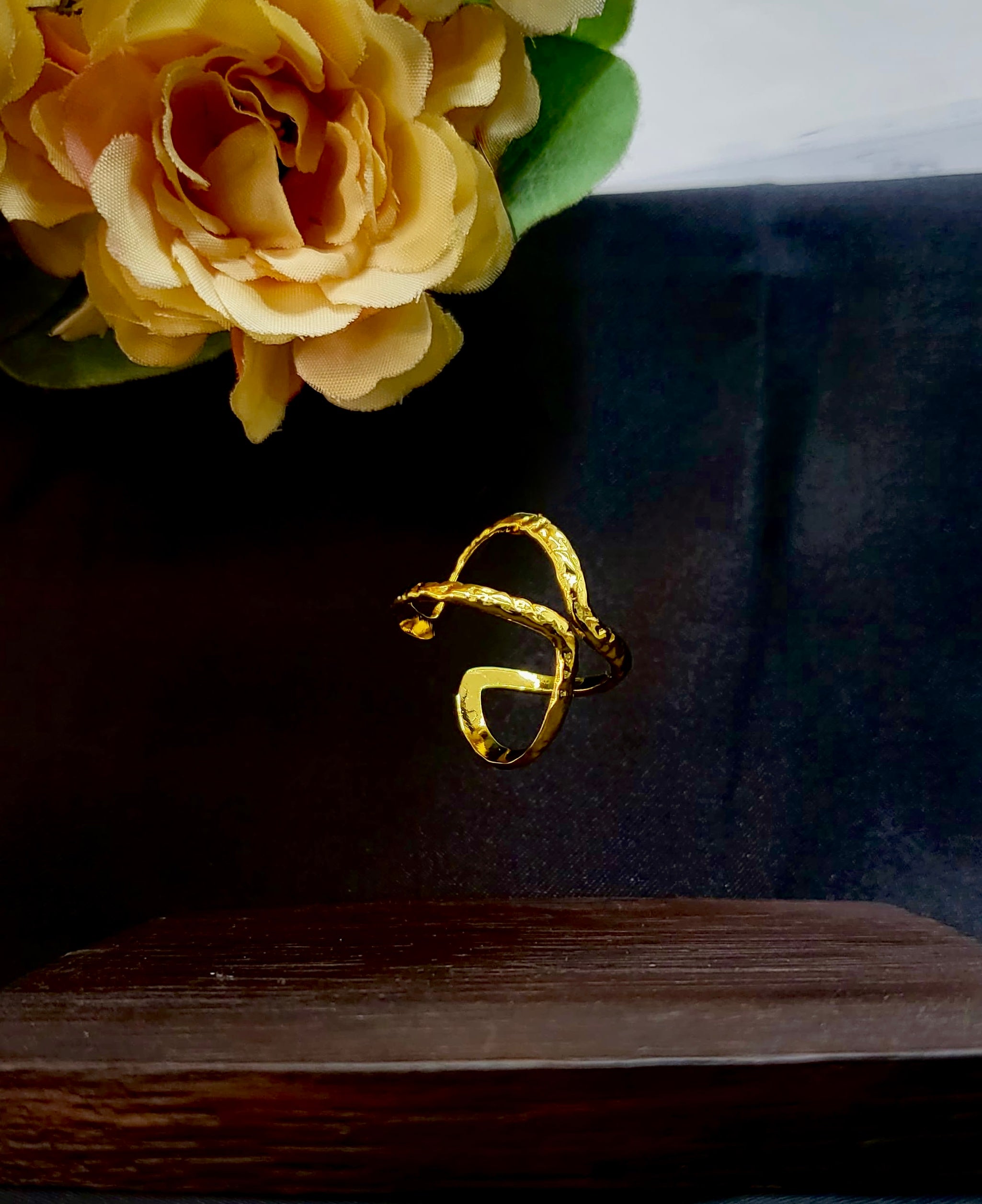 Elyra Hammered Abstract Wavy X-Shape Gold Statement Ring