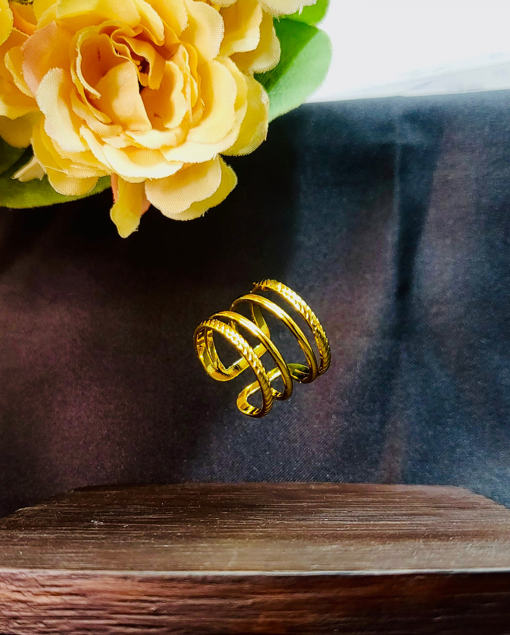 Lyvoria Gold Four Row Mixed Rope and Smooth Wire Cage Ring