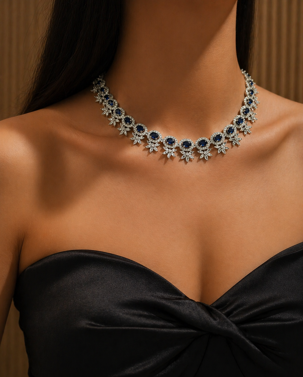 Avielle Sapphire Blue Diamond Finish Minimal Necklace Set with Earrings